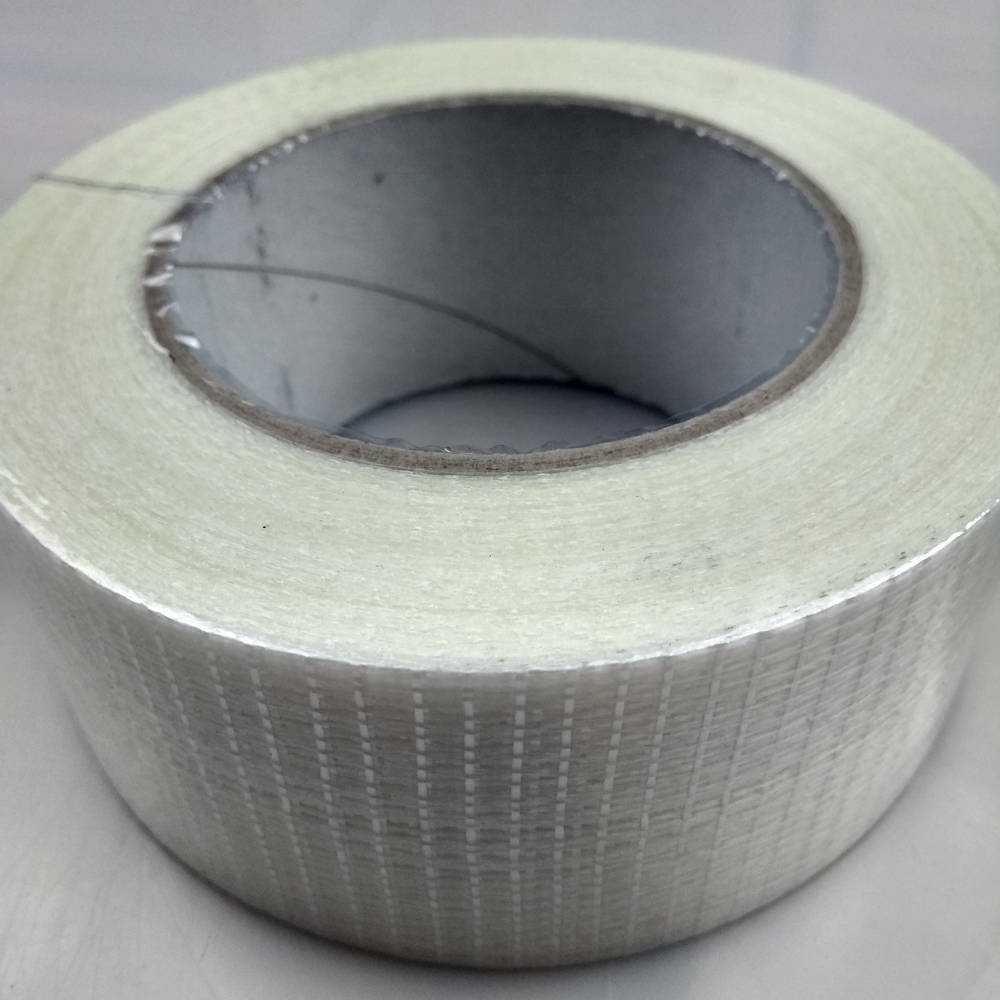 Roll of 50mm Glass Filament Crossweave Strapping Tape on its back