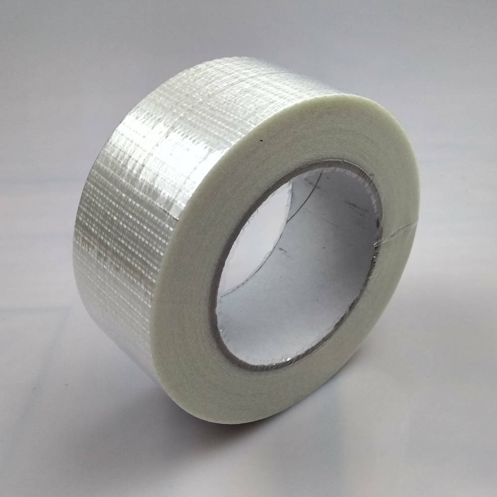 Roll of 50mm Glass Filament Crossweave Strapping Tape tilted up right