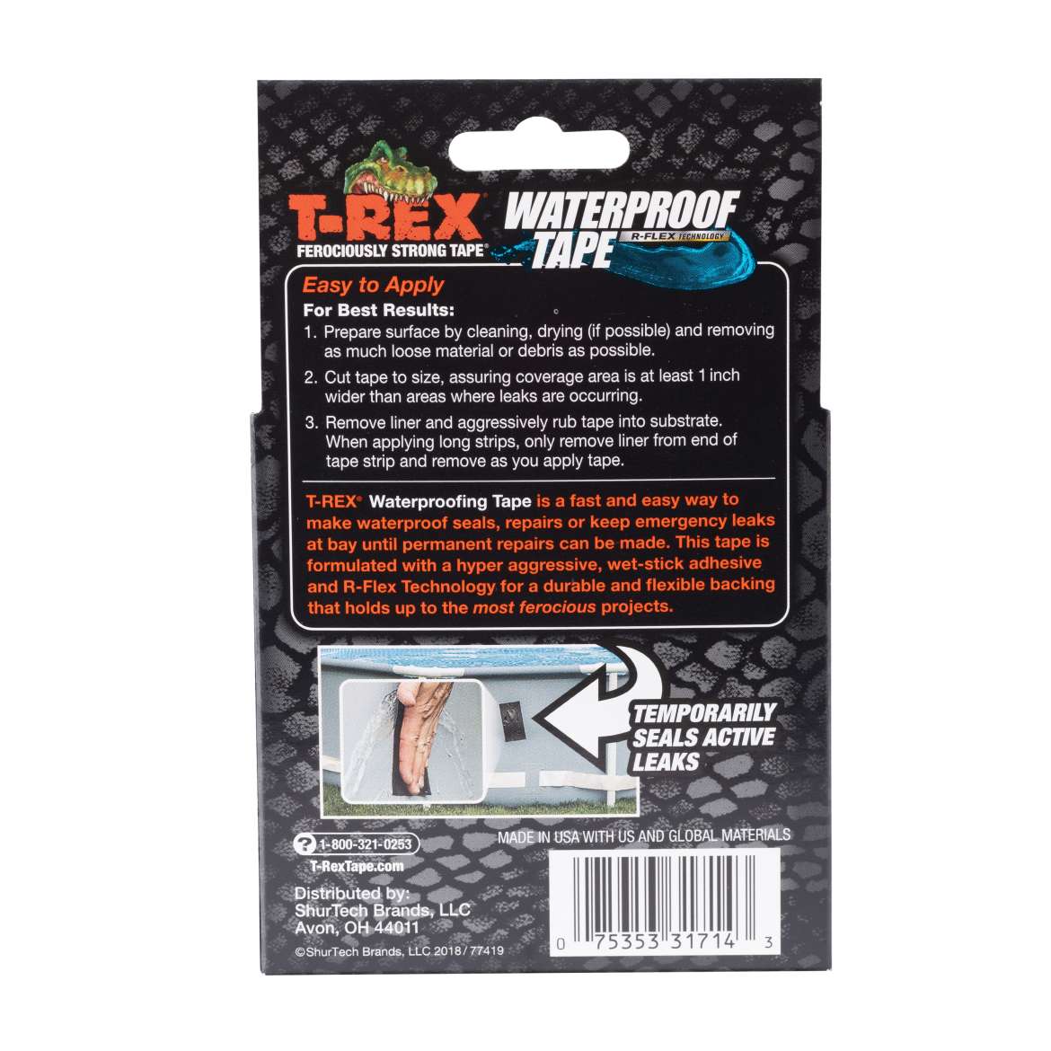 T rex waterproof tape back of packaging